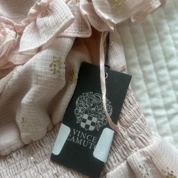 Vince Camuto Foiled Tiered Off-The-Shoulder Maxi Dress Rose Pink Size Medium NEW - Picture 6 of 12